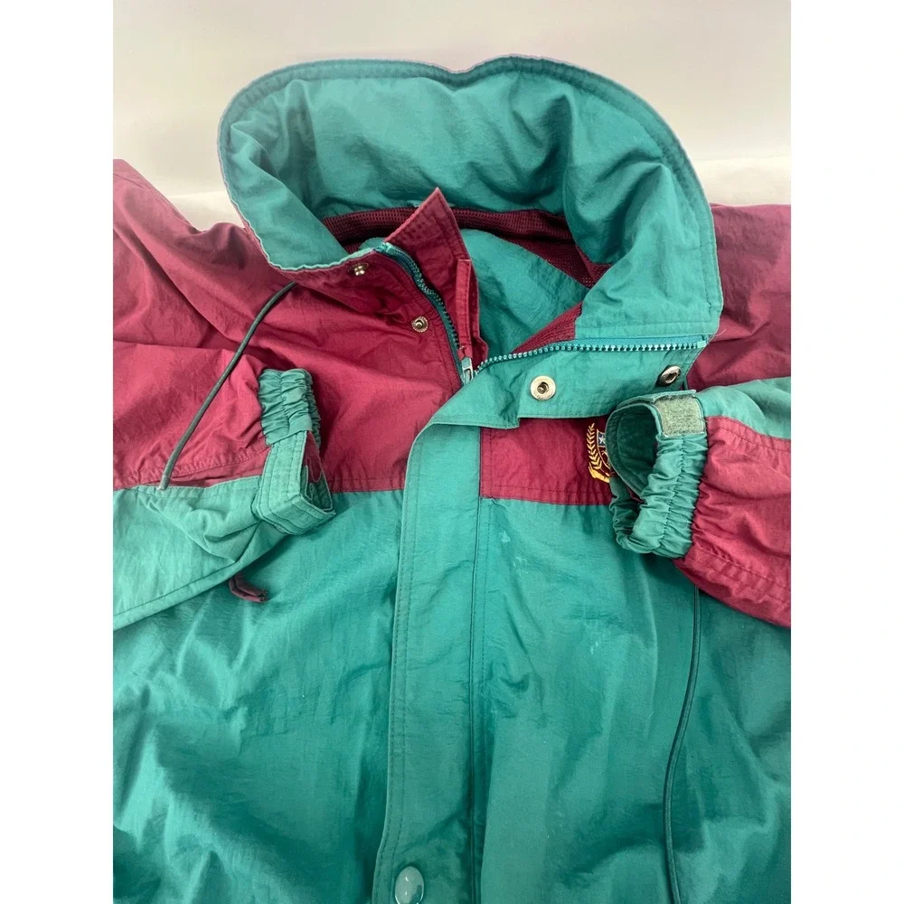 Vintage‎ Colorblock Windbreaker Jacket Burgundy Teal Embroidered Crest Nylon